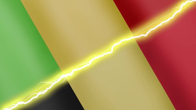 Two waving flags Mali and Belgium with diagonal lightning seamless, 4k loop