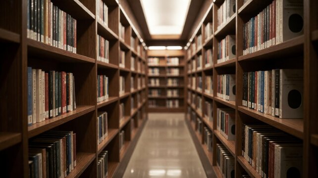 Library corridor with tall shelves, books, and warm lights