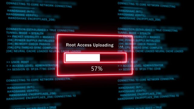 Cybersecurity root access upload progress bar with digital network code background, data upload digital interface
