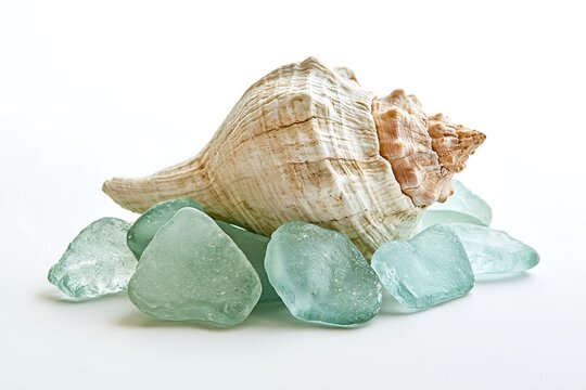 A large seashell resting on a pile of smooth sea glass isolated on white background