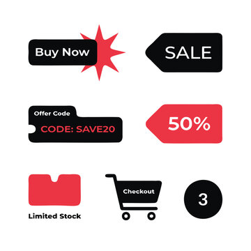 E-commerce UI buttons and shopping cart icons highlight online store deals.