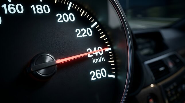 Car speedometer showing high speed driving at night on a dark dashboard