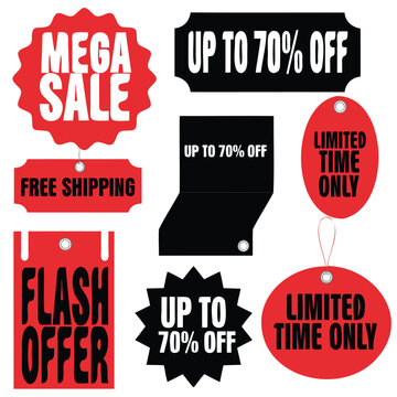 Promotional sale badges feature bold red and black discount graphics.