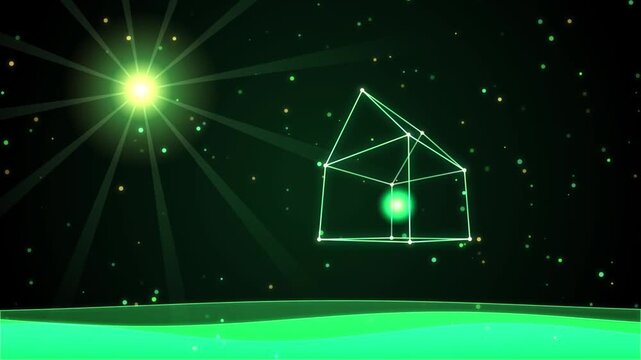 Abstract digital house construction wireframe animation with glowing energy core and particle background