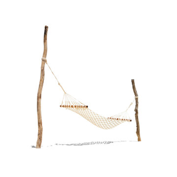 rope hammock hanging on wooden poles with isolated background