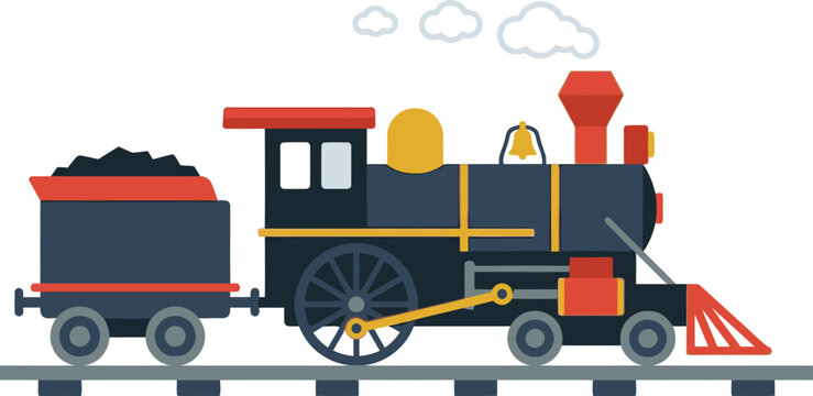 Vintage steam locomotive train illustration with black engine, red accents, yellow bell, and coal tender car on tracks. Colorful retro transport vector isolated on white background.