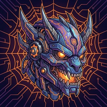 Cyberpunk jack o lantern head illustration with glowing circuitry and mechanical details