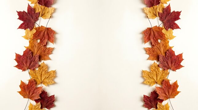 Two vertical borders of colorful autumn maple leaves arranged on a plain white background with copy space
