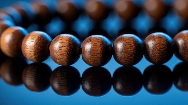 Macro view of polished wooden misbaha beads on reflective dark blue surface. Traditional Muslim prayer rosary lies in circle with soft blue light. Religious Islamic accessory for meditation, dhikr,