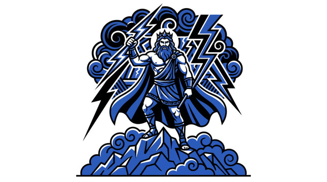 Powerful Zeus Greek god of thunder holding lightning bolt mascot vector illustration.