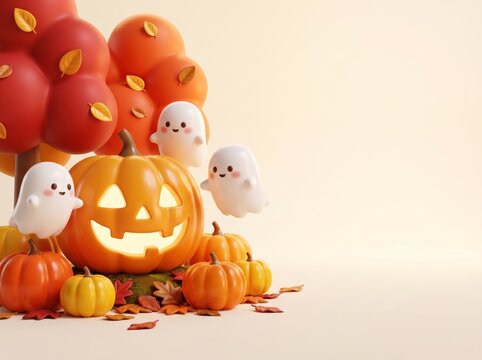 Cute cartoon ghosts hover around a glowing jackolantern small pumpkins and colorful autumn leaves arranged with stylized fall trees on a light background a festive Halloween autumn display