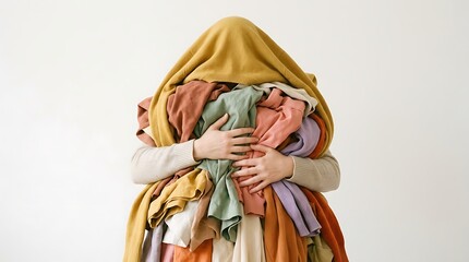 Fototapeta premium Person holding a large pile of colorful clothes covering their face against white background
