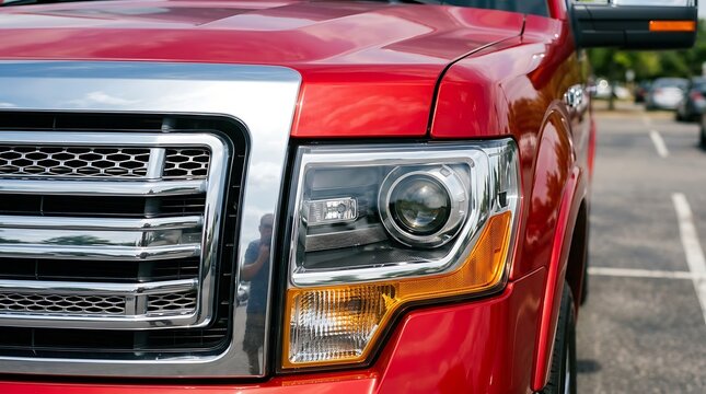 Close up of a red pickup truck front grille and headlight in a parking lot.