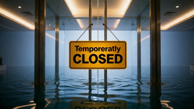 Temporarily Closed Sign Hanging Over Flooded Indoor Pool