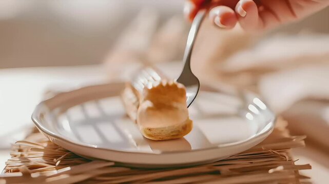 Paris, France, Europe. A closeup shot of a dessert on a white plate. The dessert consists of a goldenbrown pastry with a layer of creamy filling. A silver fork rests on top of the pastry.
