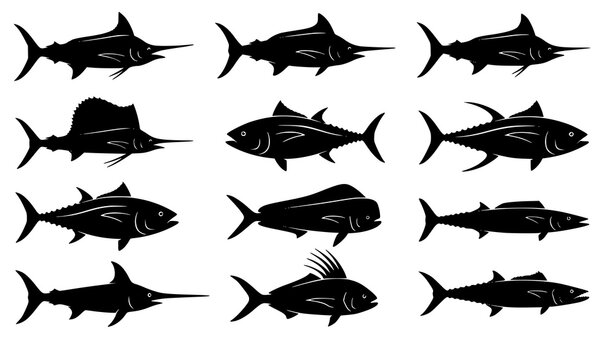 Saltwater game fish silhouette collection with marlin sailfish tuna and mahi mahi