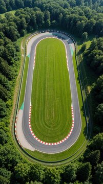 Aerial view of oval motorsports track surrounded by green forest. Race circuit with grass infield and safety barriers creates geometric pattern in nature.