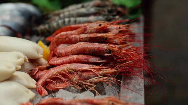 Fresh shrimp and cuttlefish on crushed ice at seafood market stall. Raw prawns displayed for sale at fish market. Healthy food and gastronomy concept