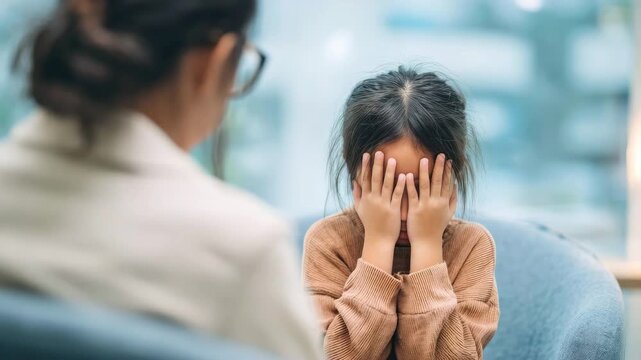 An upset girl covers her face with her hands during a session with a child psychologist. The concept of child psychotherapy and emotional difficulties