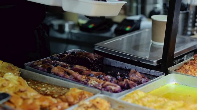 Seller in black gloves packing baklava dessert into takeaway container at street food market stall. Traditional oriental sweets with honey and nuts displayed in metal trays.