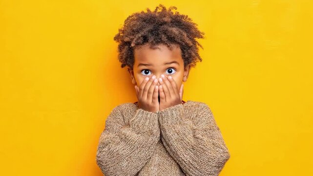Surprised curly-haired boy covers his mouth with his hands on a bright yellow background. The concept is genuine emotions, fear, and mild shock