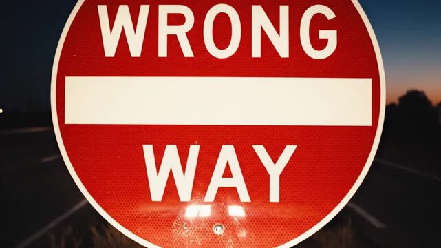 Wrong way road sign stands on median at dusk while vehicle headlights glow in distance. Empty highway lanes stretch into dark horizon under fading blue orange sky and dry roadside grass.