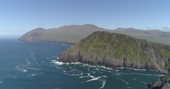 Aerial view of coastline with Mount Brandon in the background, Dingle Peninsula, County Kerry, Ireland