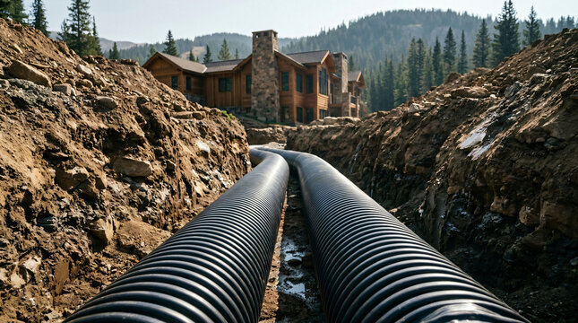 HDPE drainage pipes installed in residential trench | Underground storm water management system construction | Modern mountain home infrastructure development |Black corrugated plastic pipe for ground