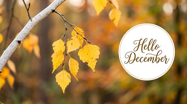Hello december calligraphy text on a circular label with autumn leaves
