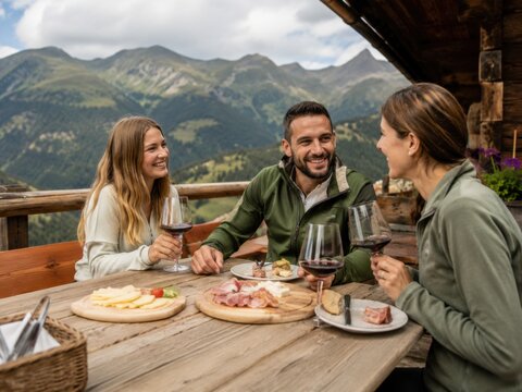 Freunde genie&szlig;en S&uuml;dtiroler Spezialit&auml;ten und Rotwein auf der Terrasse einer urigen Bergh&uuml;tte. Gesellige Einkehr mit regionaler K&uuml;che und weitem Alpenblick.