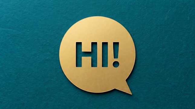 Gold speech bubble with hi text cut out against dark teal background