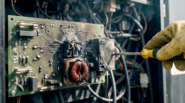 Circuit board with burn damage is examined by a technician using a screwdriver in an industrial panel.