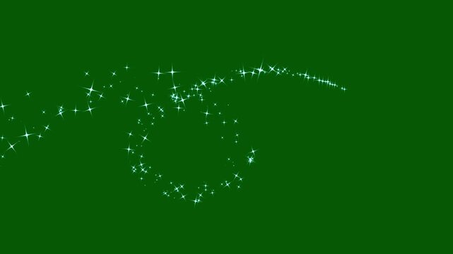 Magic glittering sparkle trail transition, 2d glitter stars line animation, white twinkling particles shimmer, magic glitter dust trail on green background, cartoon doodle sparkles.4k video