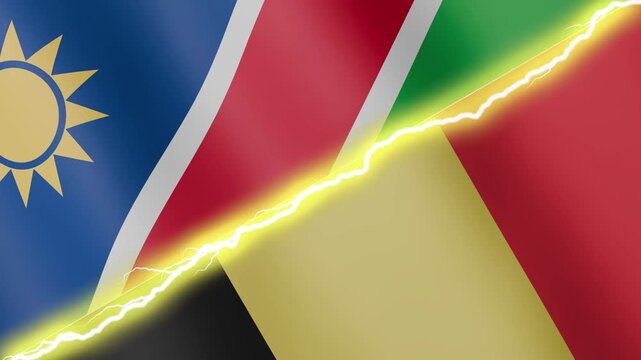 Two waving flags Namibia and Belgium with diagonal lightning seamless, 4k loop