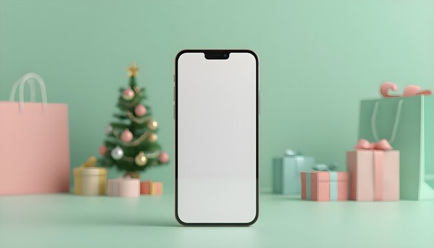 Blank Smartphone Screen Mockup in Pastel Mint Christmas Scene with Decorated Pine Tree Paper Shopping Bags and Present Boxes
