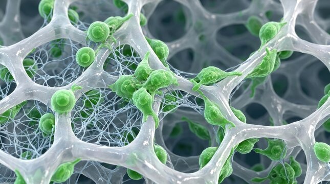 Stem cells growing on a synthetic biocompatible scaffold, demonstrating tissue regeneration engineering, microscopic view of cellular therapy, biomaterial matrix structure.