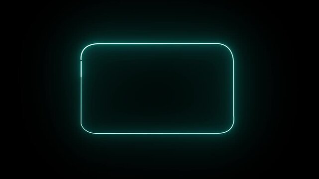 Glowing cyan neon rectangular frame with rounded corners on a dark black background. Represents a mobile device screen, UI button, tablet, or blank border element for modern graphic design in high qua