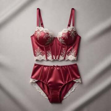 Elegant burgundy satin lingerie set with white lace embroidery. Luxury silk corset bra and matching panties. Romantic bridal underwear fashion.