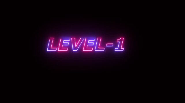 Glowing neon text animation of LEVEL-1 with a pink and purple gradient outline on a dark black background. Perfect for gaming intros, event countdowns, challenges, and promos in 4K video.