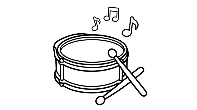 Toy drum with drumsticks and musical notes, simple black and white line art illustration.