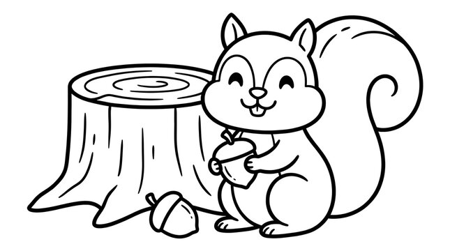 Cute squirrel holding an acorn next to a tree stump coloring page for kids