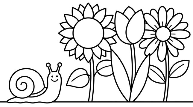 Cute snail crawling past garden flowers coloring page for kids line art illustration