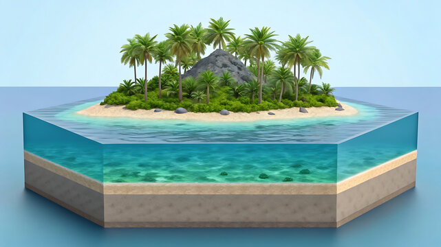 Conceptual desalination ecosystem with tropical island, clear ocean water, and layered underground filtration