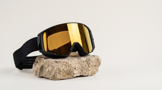 Ski goggles with yellow tinted lenses resting on a textured stone against a neutral background, showcasing modern design and functionality for winter sports enthusiasts