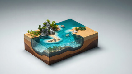Obraz premium Isometric coastal ecosystem model with turquoise water, island, rock, beach, tree, and layered earth cross section
