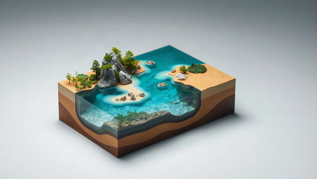 Isometric coastal ecosystem model with turquoise water, island, rock, beach, tree, and layered earth cross section