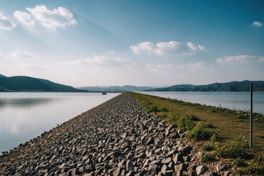 Long stone dike divides calm blue reservoir water from hazy distant mountains under clear sky. A small boat sails on tranquil lake surface, indicating calm day outdoors.