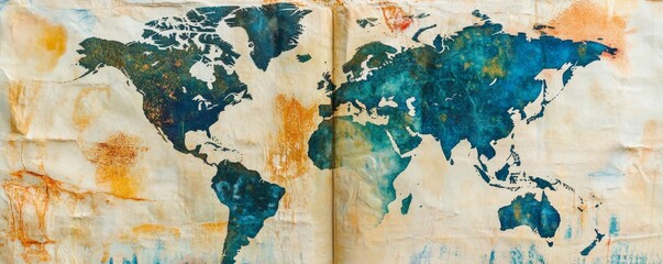 Obraz premium Blue and yellow world map with the continents of North America, South America