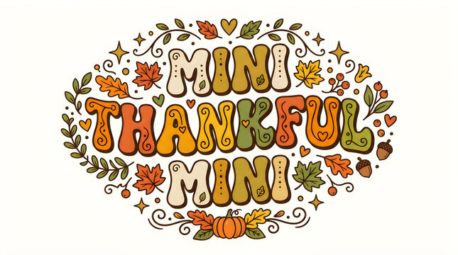 Beautiful watercolor thankful typography illustration featuring autumn leaves and pumpkins arranged in a lovely circular design