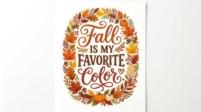 Watercolor autumn leaves frame the phrase fall is my favorite color on a white background